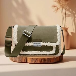 Michael Kors Bradshaw Green Medium Suede Crossbody Bag with White Trim